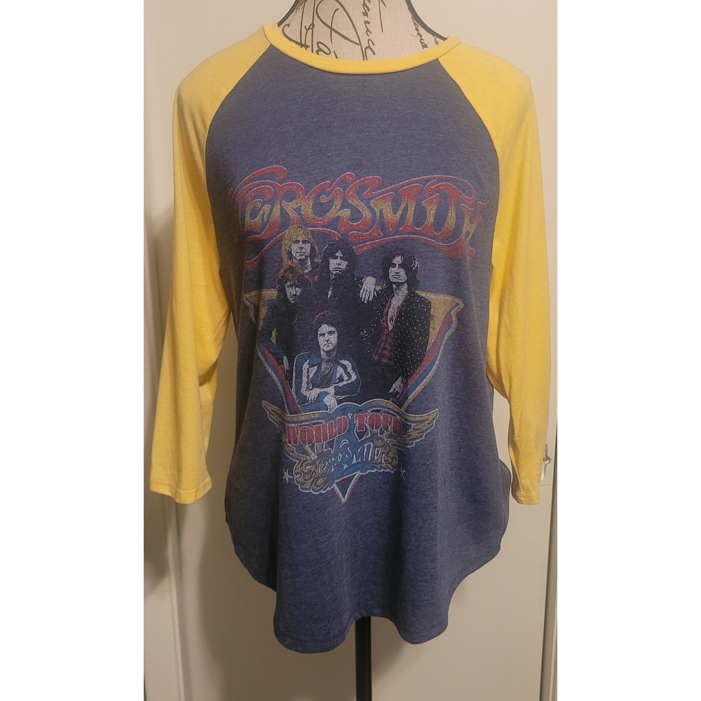 The Vinyl Icons Aerosmith World Tour 84-85 Raglan Baseball Tee Blue Yellow Large